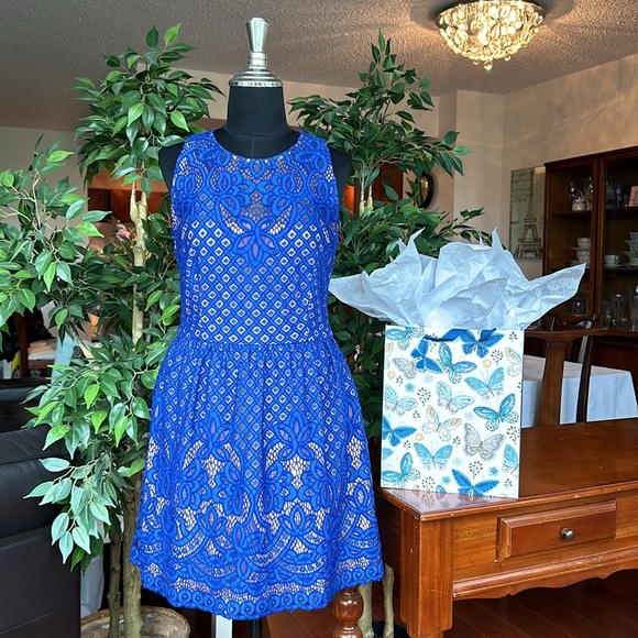 BCBG MaxAzria Blue Lace Jillyan Cocktail Dress Fits like a Size 4 or XS - Small - Picture 2 of 12